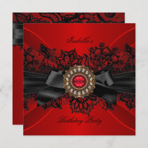 Elegant Red Jewel Black Lace Bow Birthday Party Invitation