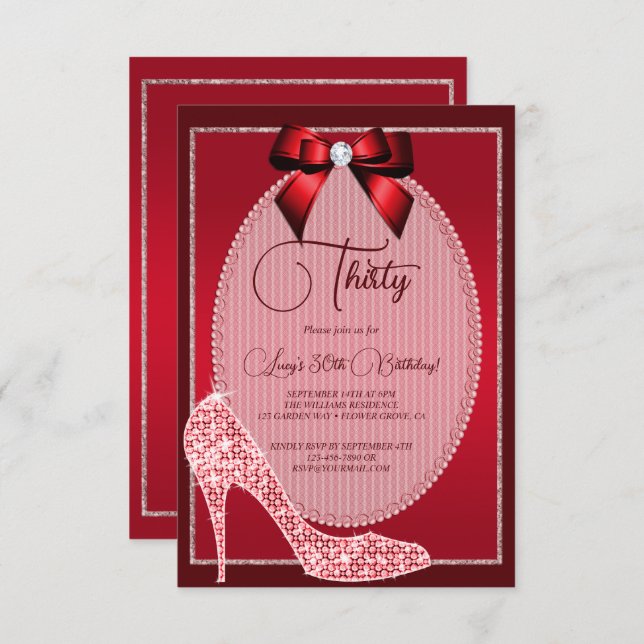 Elegant Red Jewel Bow & Stiletto Birthday Invitation (Front/Back)