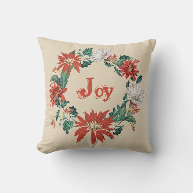 Elegant Red Joy Christmas Floral Wreath on Beige Cushion (Front)