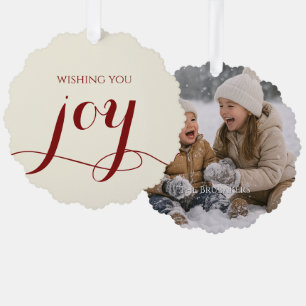 Elegant Red Joy Personalized Christmas Photo Tree Decoration Card
