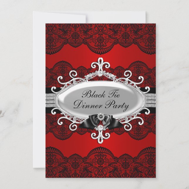 Elegant Red Lace & Bow Black Tie Dinner Party Invitation (Front)