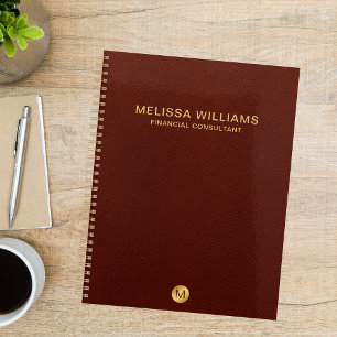 Elegant Red Leather & Gold Monogram Initial Planner