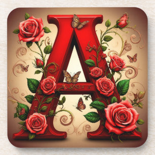 Elegant Red Letter A by Roses and Butterfly Coaster