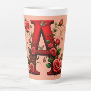 Elegant Red Letter A by Roses and Butterfly Latte Mug