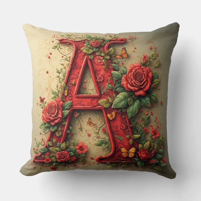 Elegant Red Letter A Surrounded by Roses Cushion (Front)
