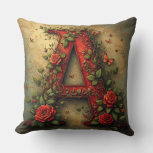 Elegant Red Letter A Surrounded by Roses Cushion