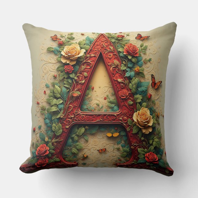Elegant Red Letter A Surrounded by Roses Cushion (Front)
