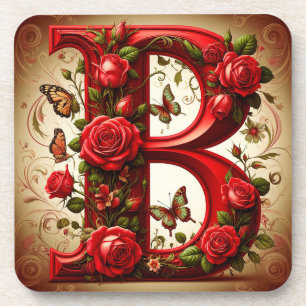 Elegant Red Letter B by Roses and Butterfly Coaster