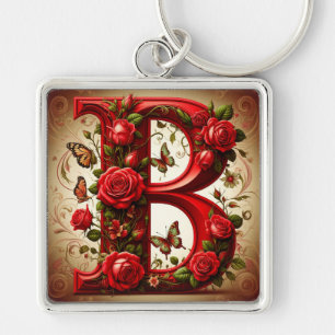 Elegant Red Letter B by Roses and Butterfly Key Ring