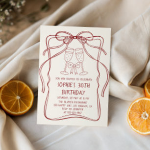 Elegant Red Line Art Bow & Champagne 30th Birthday Invitation