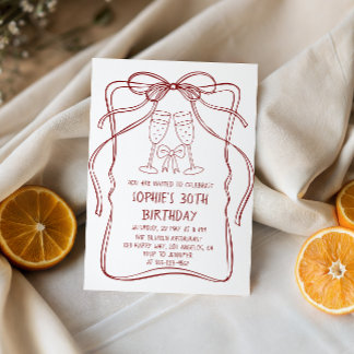 Elegant Red Line Art Bow & Champagne 30th Birthday Invitation