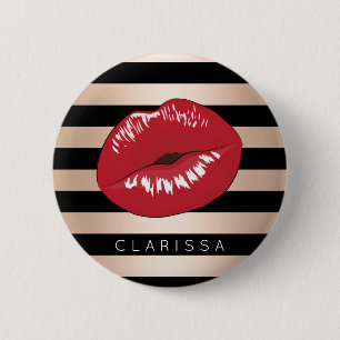 elegant red lips rose gold black stripes pattern 6 cm round badge