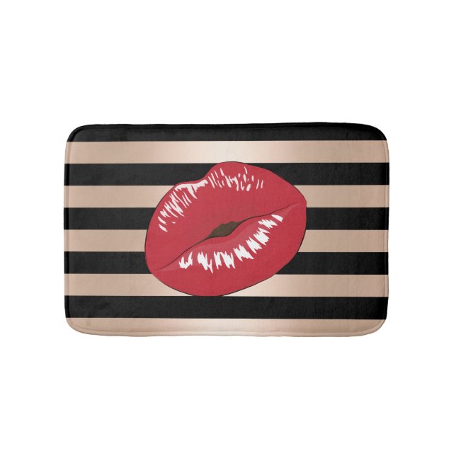elegant red lips rose gold black stripes pattern bath mat (Front)