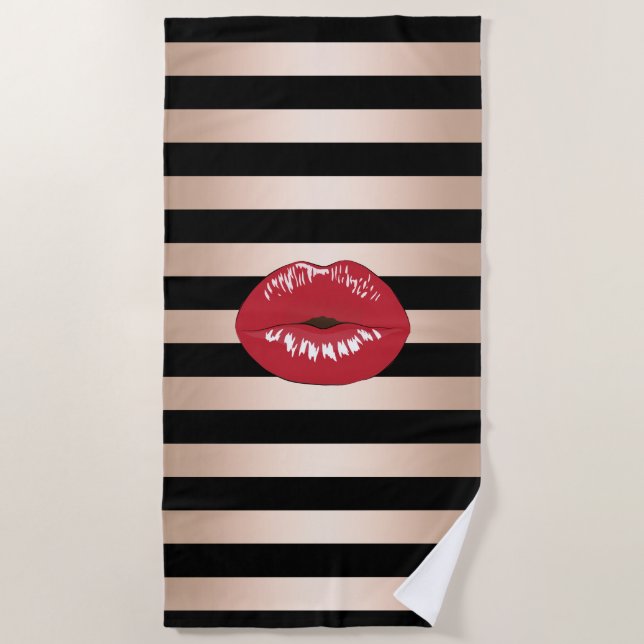 elegant red lips rose gold black stripes pattern beach towel (Front)