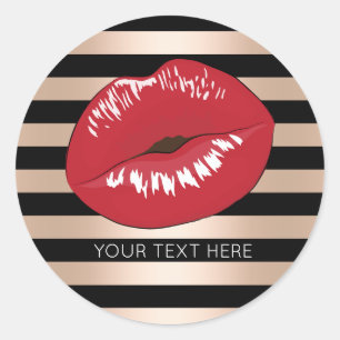 elegant red lips rose gold black stripes pattern classic round sticker