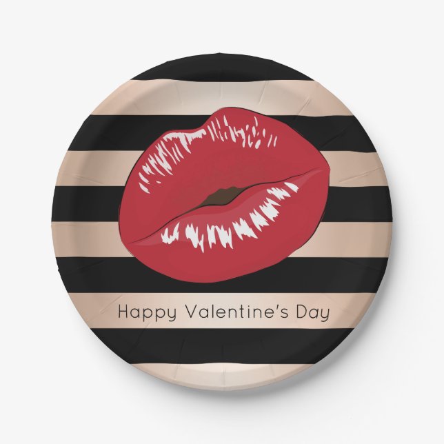 elegant red lips rose gold black stripes pattern paper plate (Front)