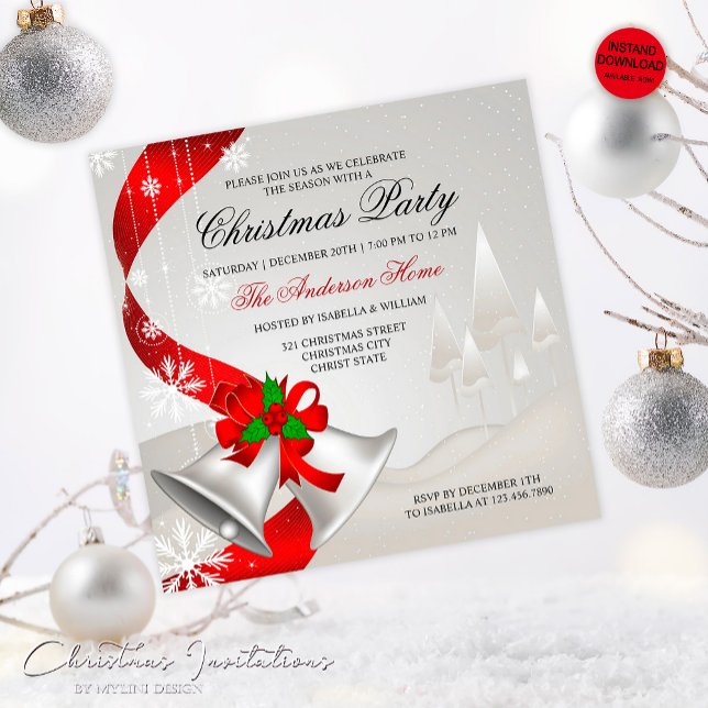 Elegant Red Loop Silver Bells Christmas Party Invitation (Creator Uploaded)