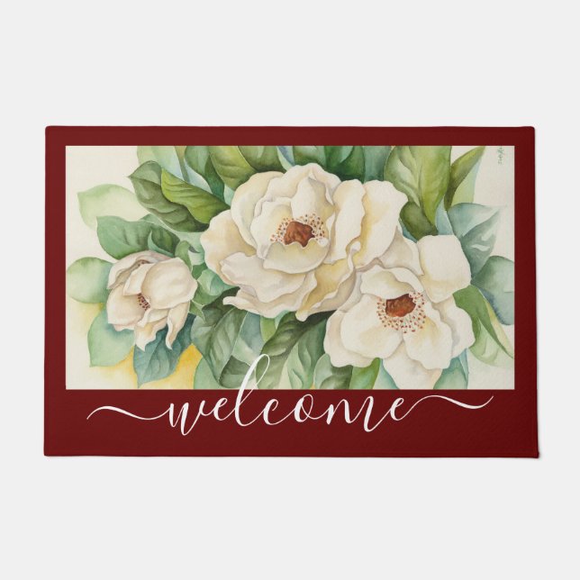 Elegant Red Magnolia Floral Welcome Script Doormat (Front)