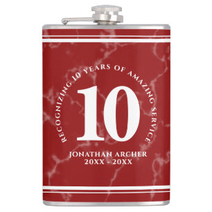 Elegant Red Marble 10 Years Work Anniversary Hip Flask