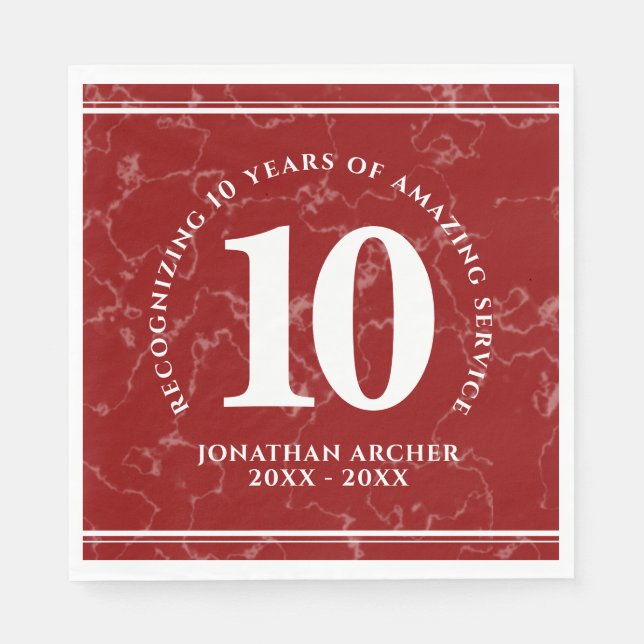 Elegant Red Marble 10 Years Work Anniversary Napkin (Front)
