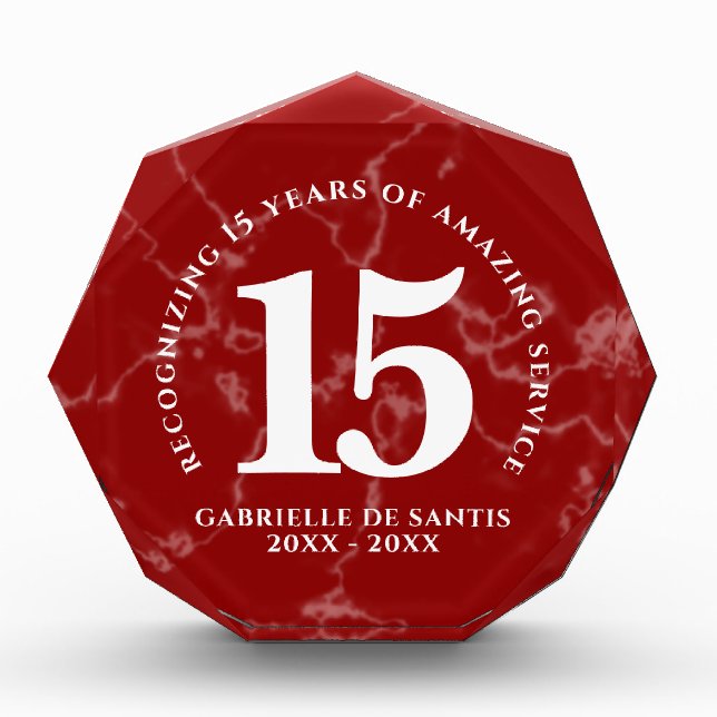 Elegant Red Marble 15 Years Work Anniversary Photo Block (Front)