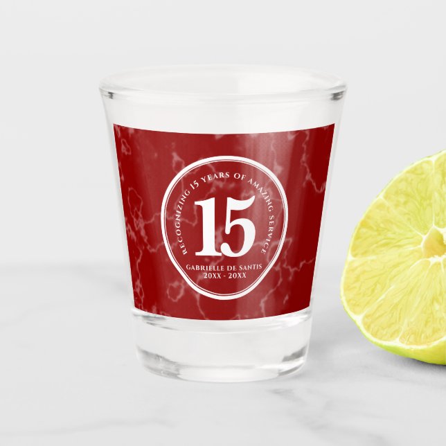 Elegant Red Marble 15 Years Work Anniversary Shot Glass (Front)