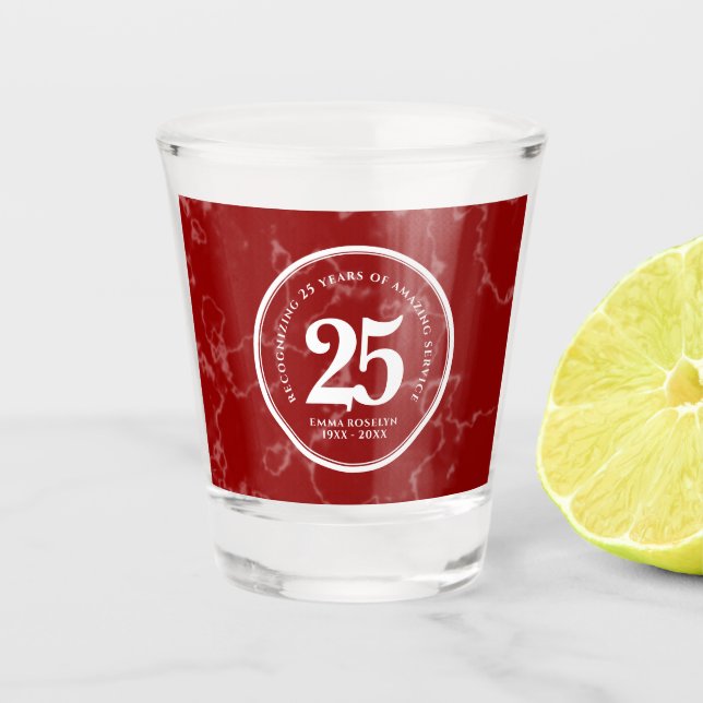 Elegant Red Marble 25 Years Work Anniversary Shot Glass (Front)