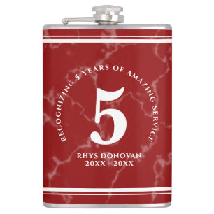 Elegant Red Marble 5 Years Work Anniversary Hip Flask