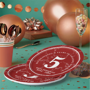 Elegant Red Marble 5 Years Work Anniversary Paper Plate