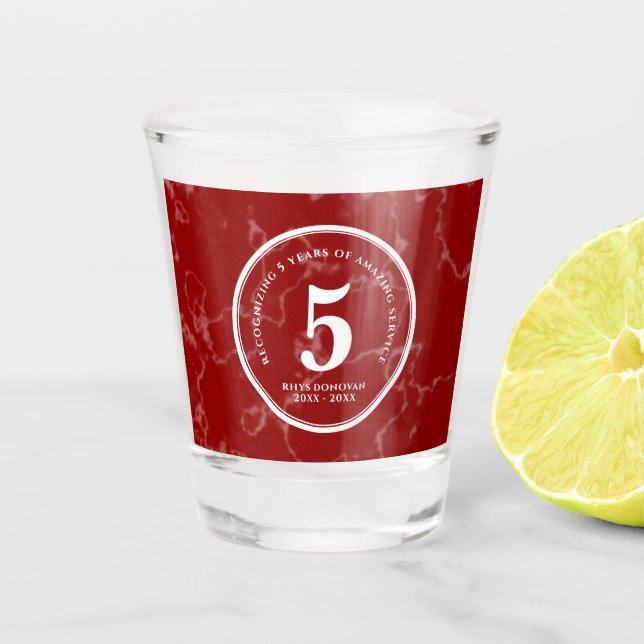 Elegant Red Marble 5 Years Work Anniversary Shot Glass (Front)