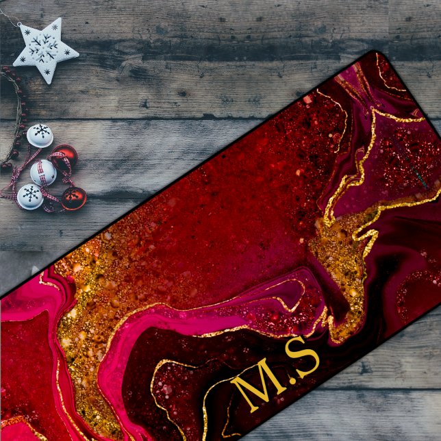 Elegant red marble art faux gold glitter desk mat (Creator Uploaded)