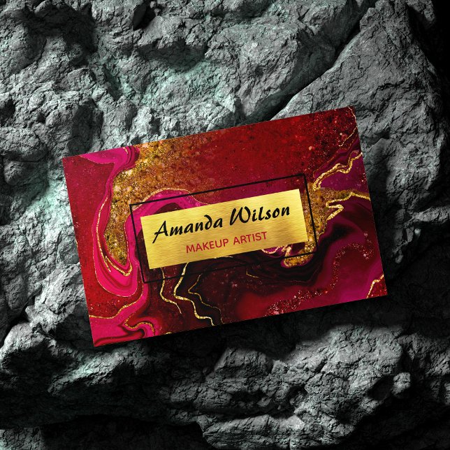 Elegant red marble art faux gold glitter magnetic business card (Creator Uploaded)