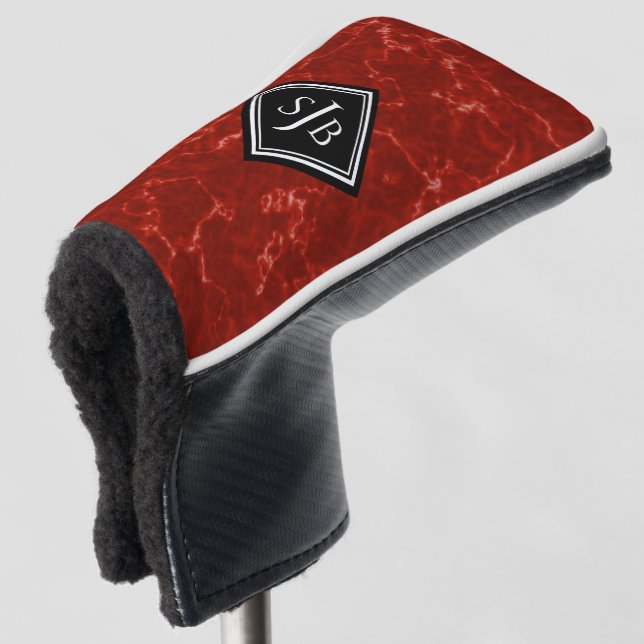 Elegant Red Marble Black Diamond Monogram Golf Head Cover (3/4 Front)