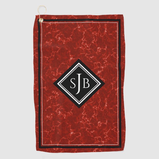 Elegant Red Marble Black Diamond Monogram Golf Towel (Front)