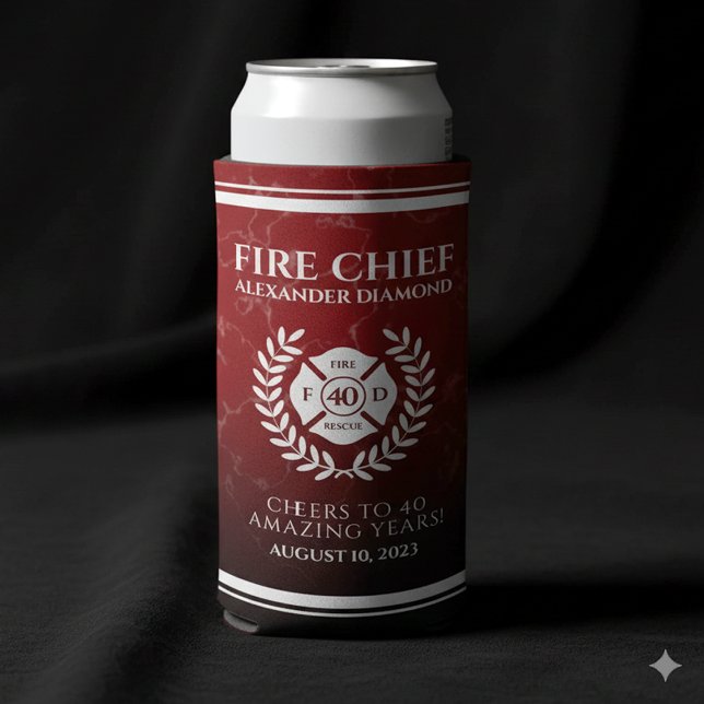 Elegant Red Marble Firefighter Retirement Seltzer Can Cooler (Elegant Retiring Firefighter Red Marble Seltzer Can Cooler Cover Photo)