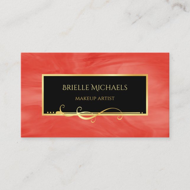 Elegant Red Marble Gold Filigree Makeup Artist Business Card (Front)