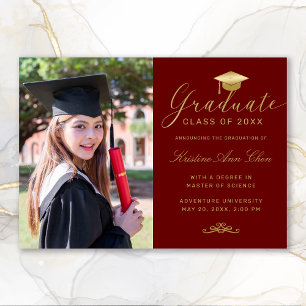 Elegant Red Maroon Gold Script Photo Graduation Announcement