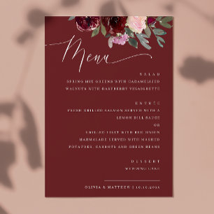 Elegant red maroon roses. Garden floral wedding Menu