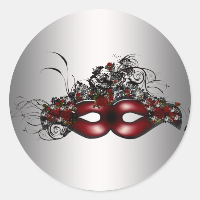 Elegant Red Masquerade Mask Silver Envelope Seal (Front)