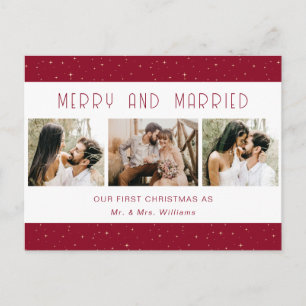 Elegant Red Merry and Married Photo Newlywed Holiday Postcard