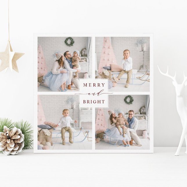 Elegant Red Merry & Bright 4 Photo Holiday Card (Creator Uploaded)