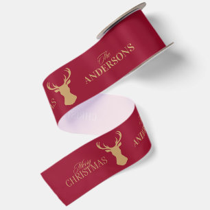 Elegant Red Merry Christmas Family Name Satin Ribbon