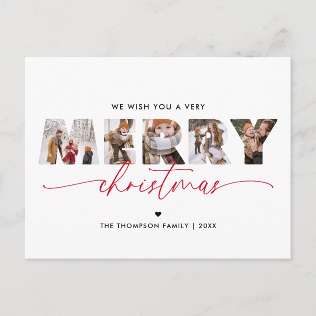 Elegant Red Merry Christmas Photo Collage Holiday Postcard (Front)