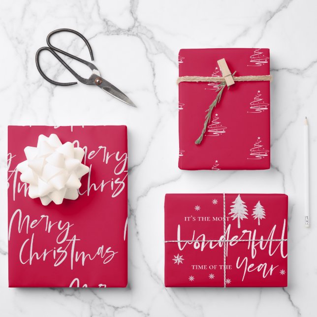 Elegant Red Merry Christmas Quote Gift Wrapping Paper Sheet (Front)
