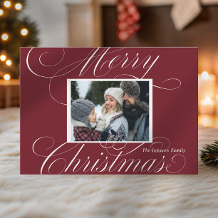Elegant Red Merry Christmas Script Photo  Holiday Card