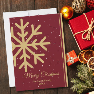 Elegant Red Merry Christmas Snowflake Flat Holiday Card