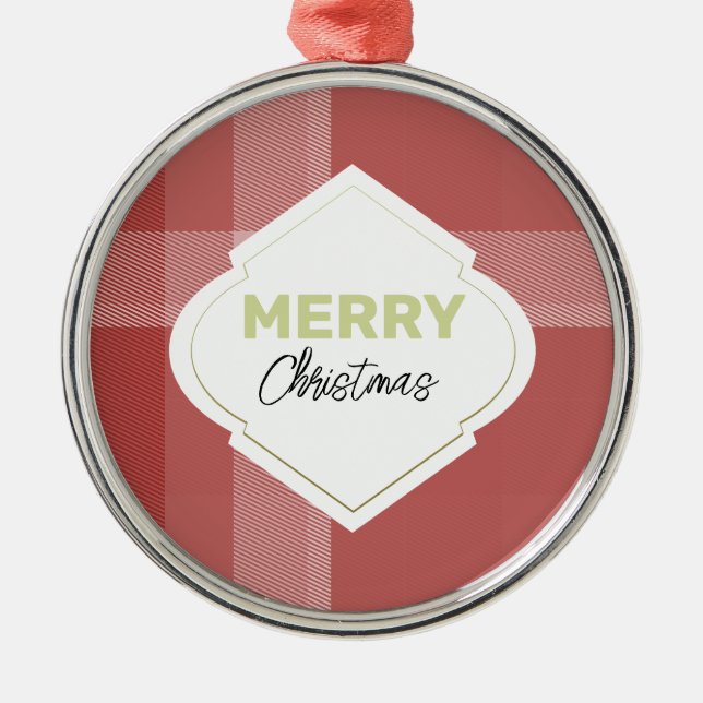 Elegant Red Merry Christmas Tartan Burgundy Metal Tree Decoration (Front)