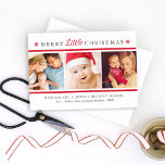 Elegant Red Merry Little Christmas Photo Collage Holiday Card<br><div class="desc">This elegant and modern holiday photo card features "Merry Little Christmas" in dark grey classic text with red script accent. Includes three square photo spaces, a custom greeting, and space to include family member names. Red snowflakes accent the front title and a complementary white on red winter snowflake pattern dresses...</div>