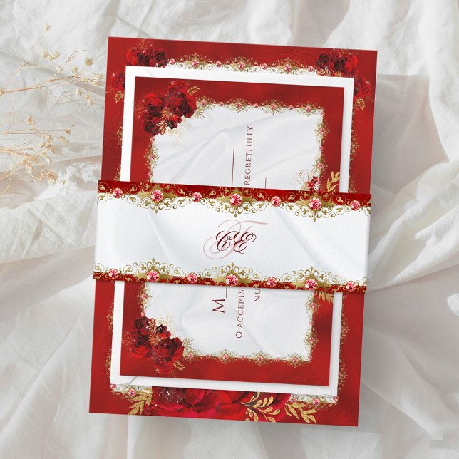 Elegant Red Metallic Monogram Script Wedding Invitation Belly Band (Creator Uploaded)