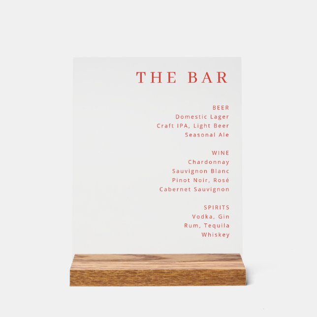Elegant Red Minimalist Bar Menu Acrylic Sign (Front)